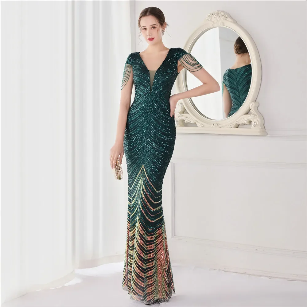 

Elegant V-neck Mermaid Evening Dress in Summer Long Luxury Bead Piece Evening Dress 2025 New Dress Lady