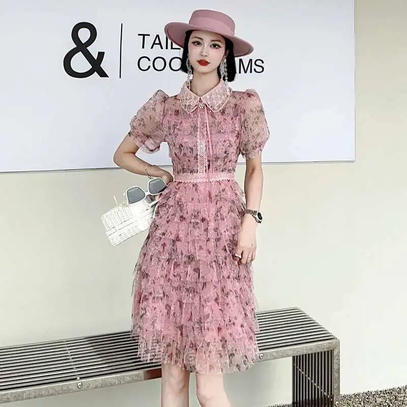 

Роскошные тюлевые платья с короткими рукавами и кристаллами, женские летние каникулы с оборками и воротником длиной до колена, элегантные вечерние платья для вечеринок