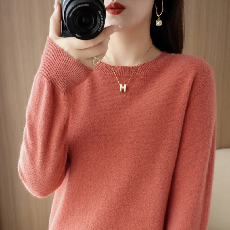 New round Ne Long Sve Women's Knitted Sweater ort Versatile Simple Sli Warm Inner Wear Casual Commute Sle Pure C...