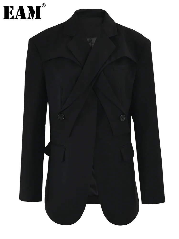 [Eam] Frauen schwarz Kreuz schnalle Persönlichkeit Blazer neue Revers Langarm Jacke Mode Flut Frühling Herbst 7 ab127701