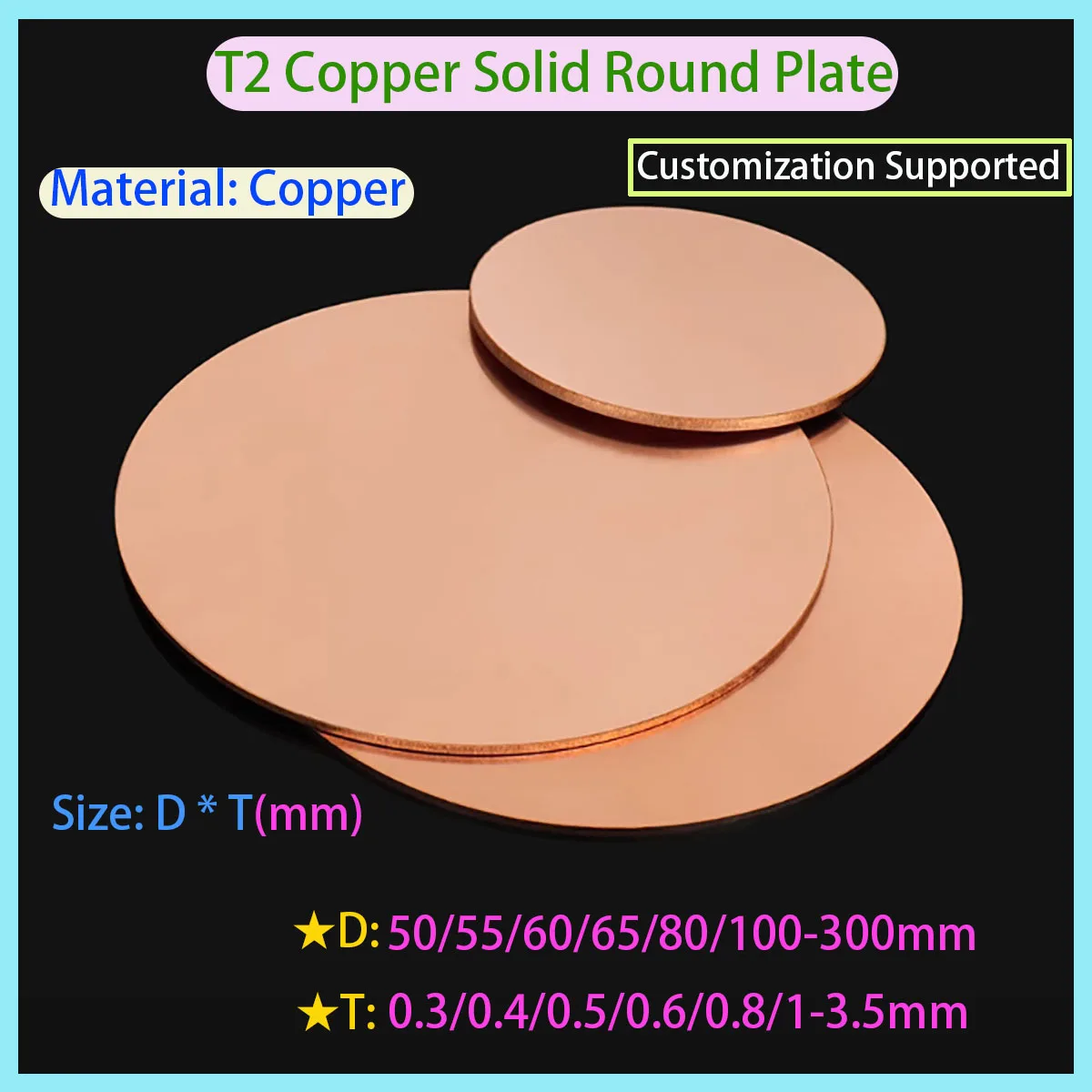 

T2 Copper Disc Circular Plate, Thickness 0.3-3.5mm, Diameter 50/55/60/65/80/100-300mm