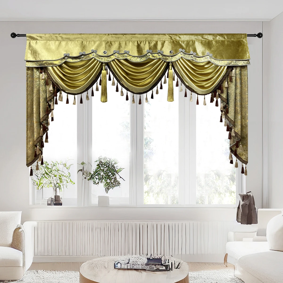 Imagem -05 - Ouro de Luxo Swag Valance Cortina Jacquard Design Europeu Frisado Borla Cachoeira Cortina para Sala Estar Haste Bolso Cortina