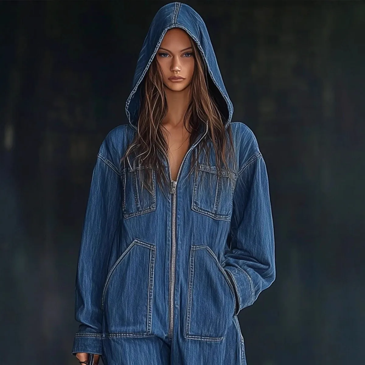 Pocket No Stretch Pants with Loose Waist Straight Leg Elegant Commuter Chic Full Length Long Sleeve Women Jumpsuit Spring