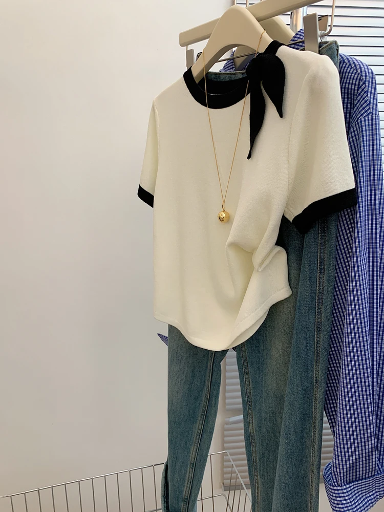 تي شيرت نسائي كبير الحجم مع عقدة من الحرير الجليدي المحبوك ort Sve الكورية Sle تصميم الصيف الإحساس العمر المخفض...