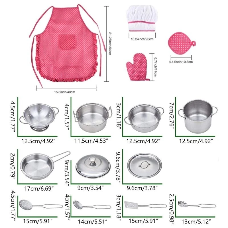 الفتيات التظاهر يلعب أدوات الفولاذ المقاوم للصدأ طفل المطبخ تجهيزات المطابخ المئزر الأواني المقالي الغذاء مجموعات الالعاب الطبخ #6