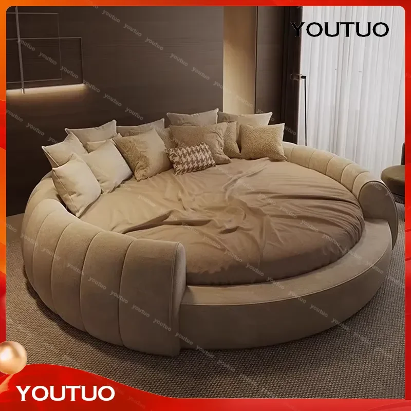 Modern Designer Round Bed Set Furniture Bedroom Cream Style Fabric Upholstered Popular Hotel Large King Size Round Bed