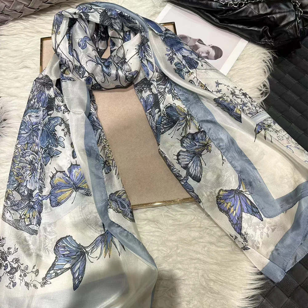 

BYSIFA|Blue White Silk Scarf Shawl Fall Winter Women Long Scarves Brand Butterflies Design Summer Ladies Beach Silk Wrap Foulard