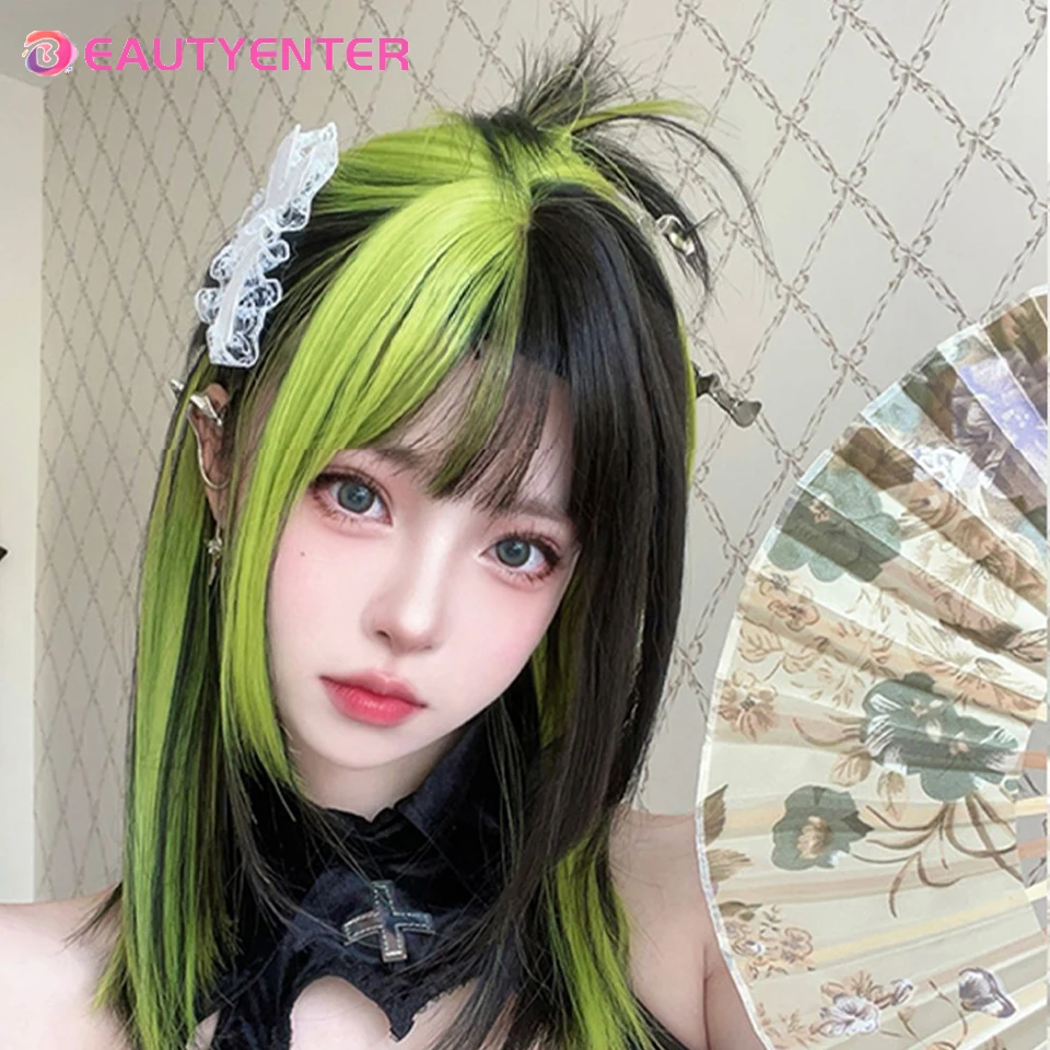 BEAUTYENTER Synthetic Short Black Green Mix Women Straight Wigs with Bangs Lolita Cosplay Natural Hair Wig for Daily Party