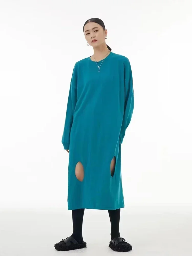 XITAO Fashion Hollow Out Jurk Effen Kleur Eenvoud Casual Vrouwen Persoonlijkheid Lange Mouw T-shirt Jurk Sprint Nieuwe WLD9484