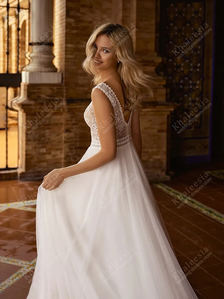 Vestidos de casamento vintage uma linha tule em camadas vestidos de noiva rendas apliques sem mangas sem costas vestidos de novia personalizado 2025