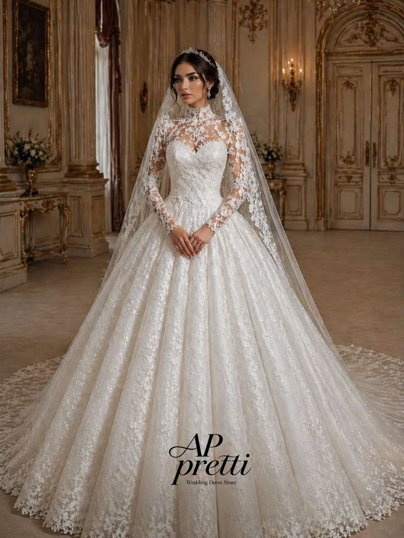 AP pretti Fantasy Lace Wedding Dresses Full Sleeve Customized High Neck Chapel Train Bridal Gown A-line Vestidos De Novia 2026