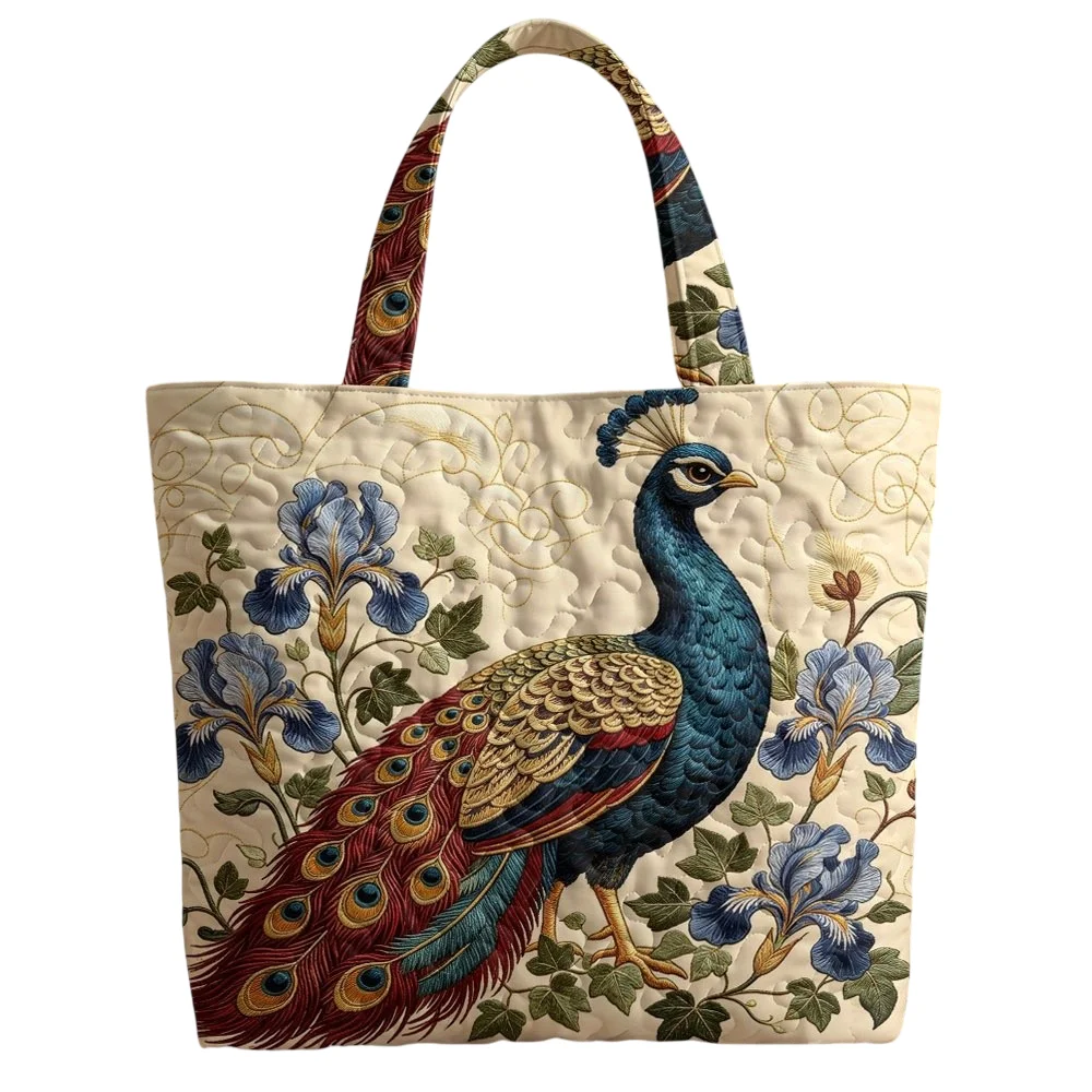 Elegant Peacock Flower Quilted Tote Bag Vintage Soft Lightweight Multi-Purpose Handbag for Shopping Travel Daily Use