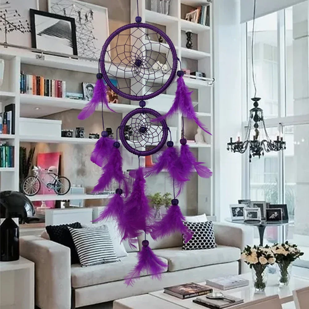 Romantic Heart Shaped Dream Catcher Double Ring Purple Feather Dream Catcher Wall Hanging Home Car Decor Craft Christmas Gift