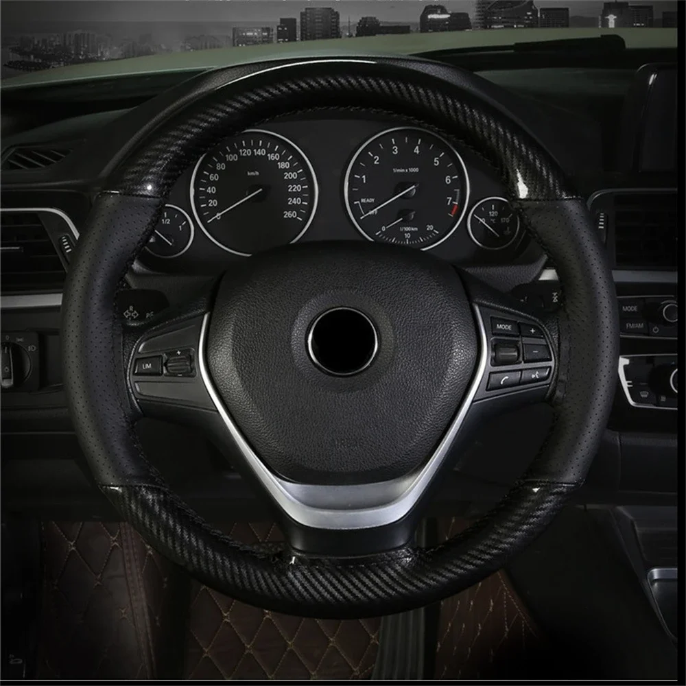 For Steering Wheel 38 cm Carbon Fiber Car Steering Wheel Cover SeW DIY Hand Stitch PU Leather Protector Braiding Cover