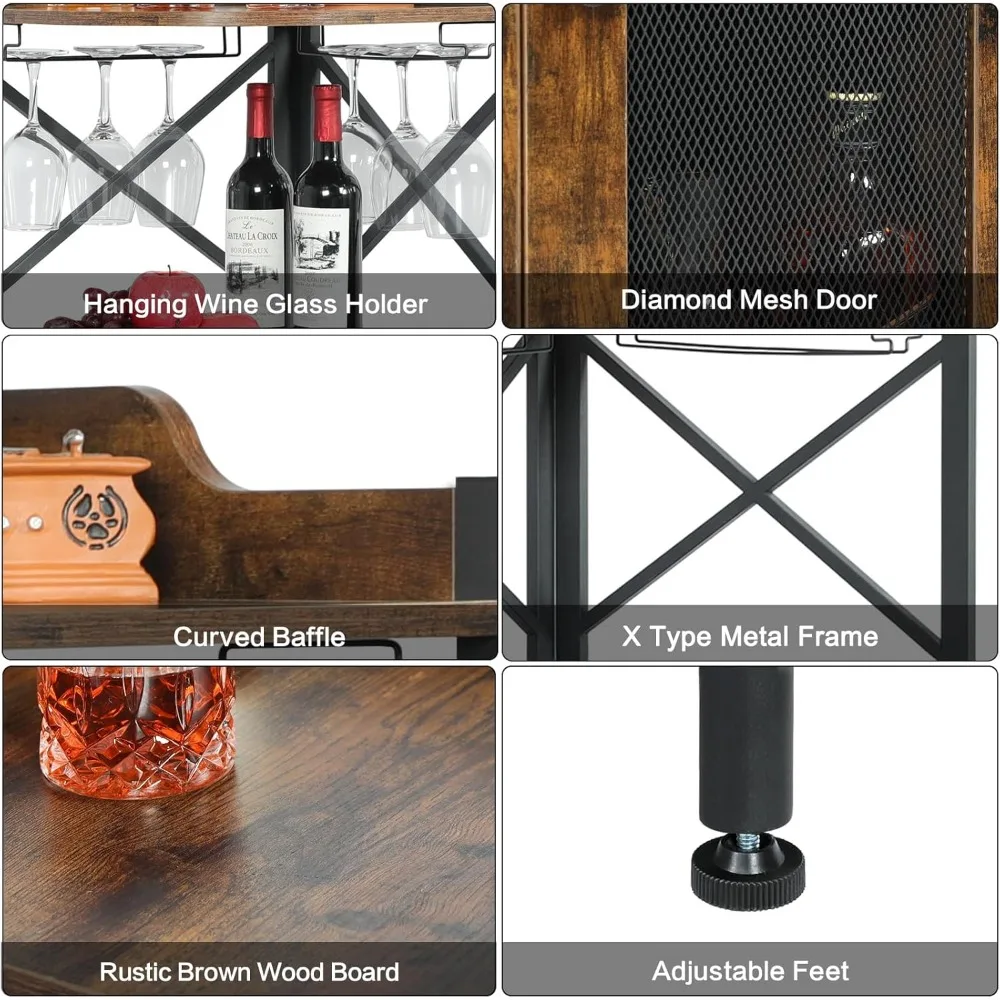ชั้นวางไวน์สไตล์อินดัสเทรียลทันสมัย พร้อมที่แขวนแก้วและประตูตาข่าย ตู้เก็บของแบบเปิด 4 ชั้น สำหรับบ้านและห้องครัว