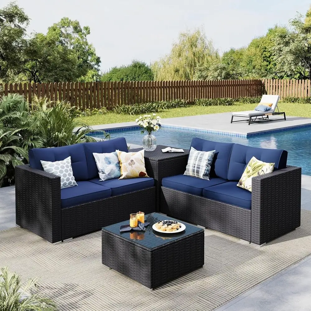 

4-Piece Wicker Patio Furniture Set - L-Shaped Rattan Sectional Sofa with Navy Blue Cushions, Storage, and Coffee Table for Outdo