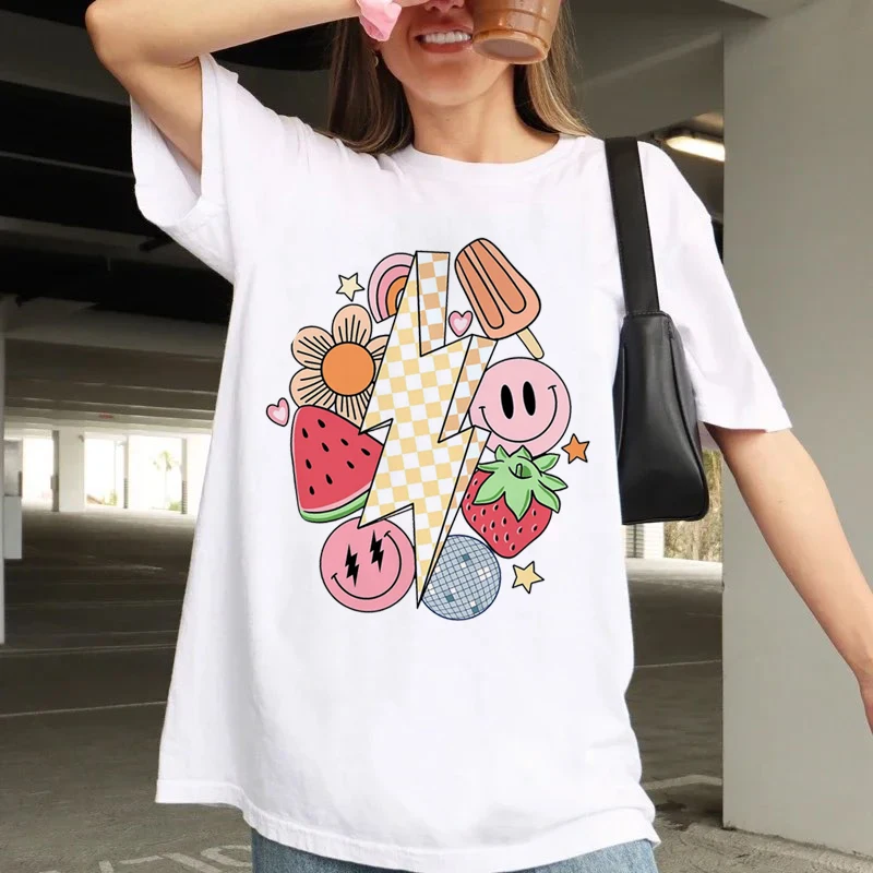 Retro Summer Women's Fun Pattern Short Sleeve Printed Fashion Casual Basic Top Summer Clothing O-Neck Beach Travel T-Shirt.