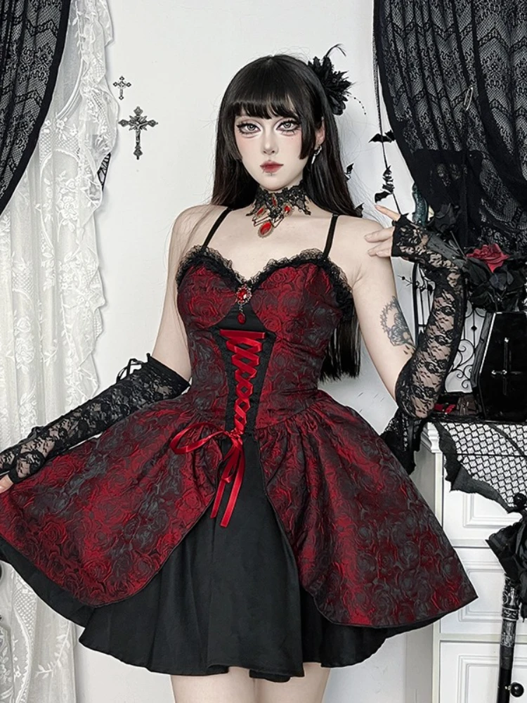 AltGoth الظلام القوطية لوليتا فستان المرأة هالوين خمر عالية الخصر الدانتيل المرقعة الأحمر روز فساتين جاكار تأثيري ملابس الحفلات