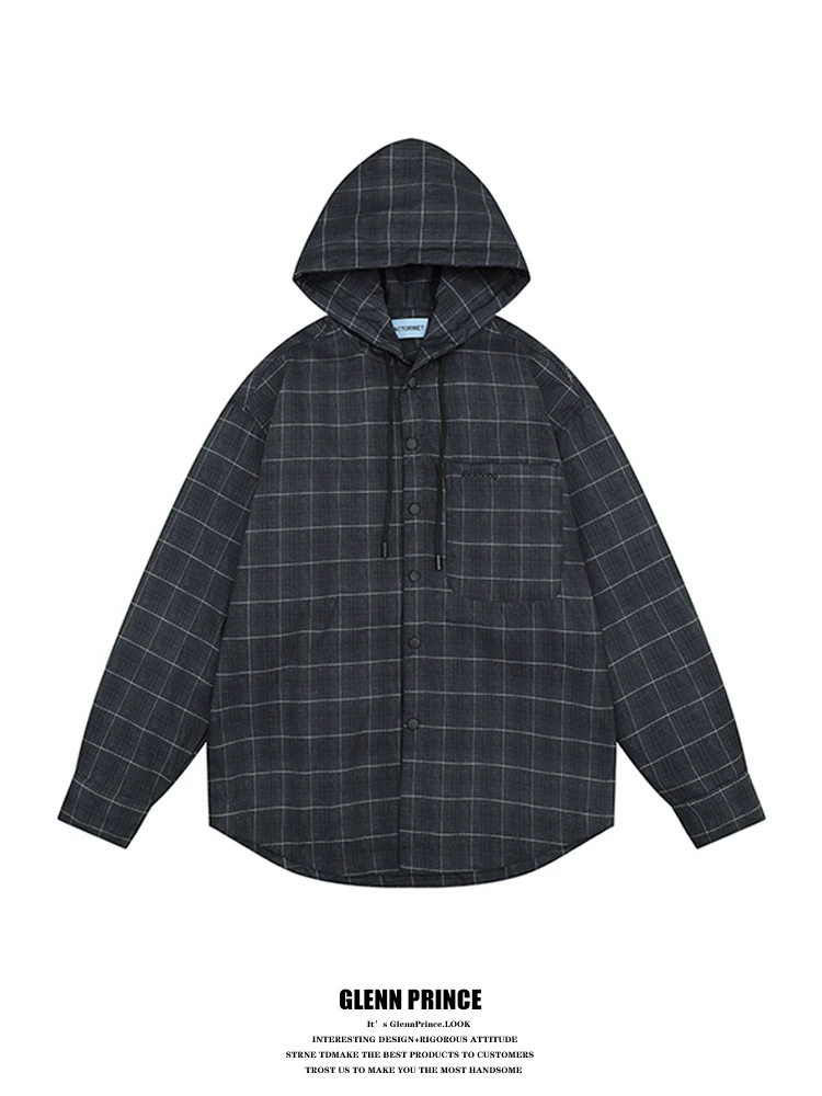 

Мужская винтажная японская куртка-худи свободного кроя в клетку, длинный рукав, повседневная, молодежная, весенняя, из полиэстера...