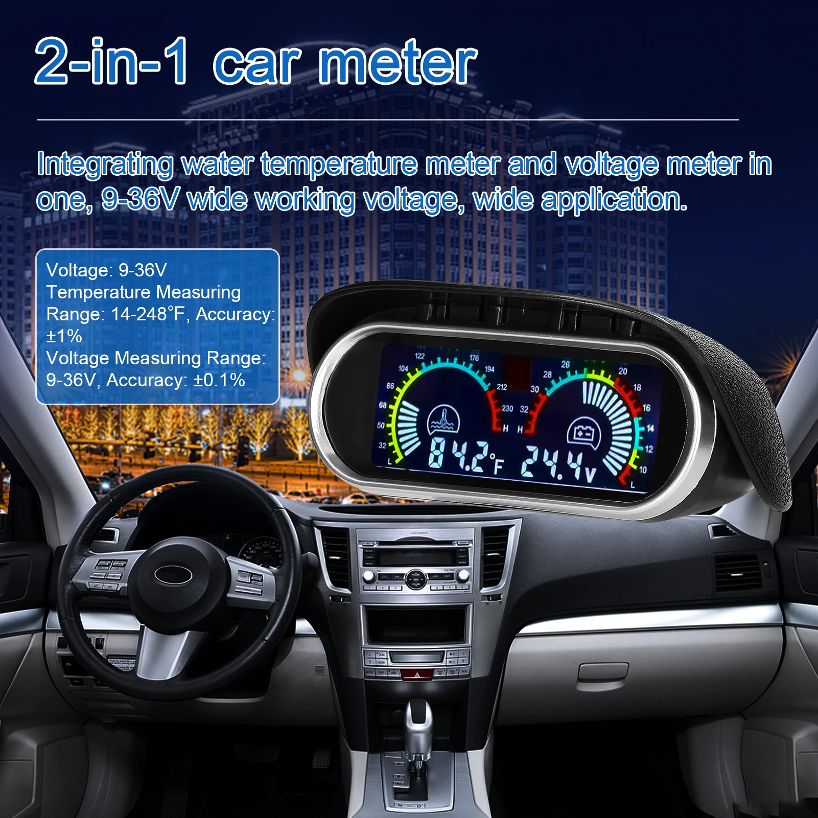 2 in 1 Universal Car Digital Gauge Water Temperature Voltage Gauge Voltmeter 9-36V with 1/8NPT Sensor Fahrenheit/℉ Display for