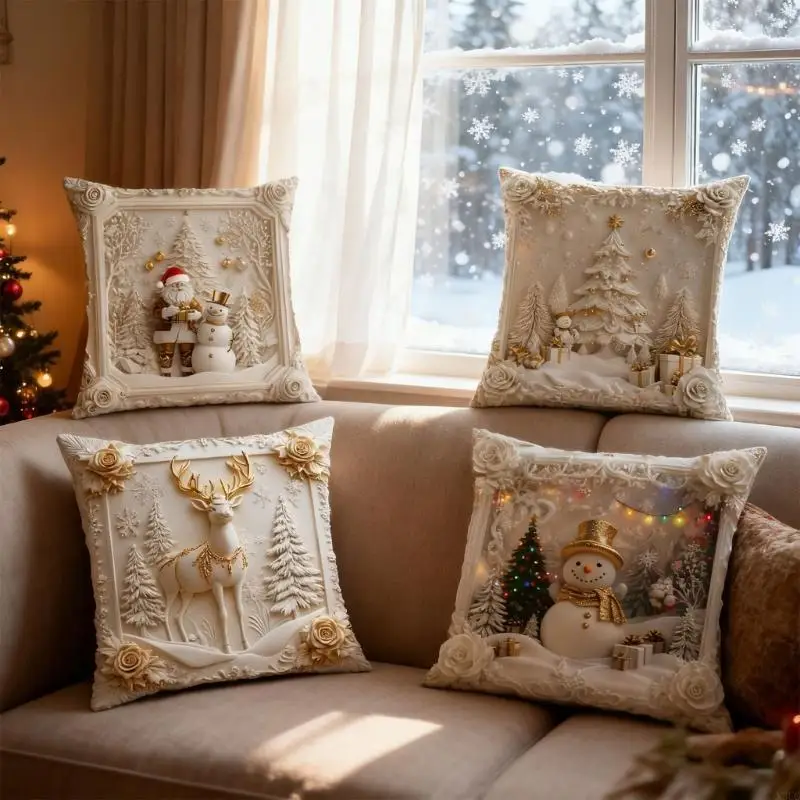 

4 Рождественские подушки Рок Зимнее Снежное существо Олень Дерево Зимний стиль X3UC