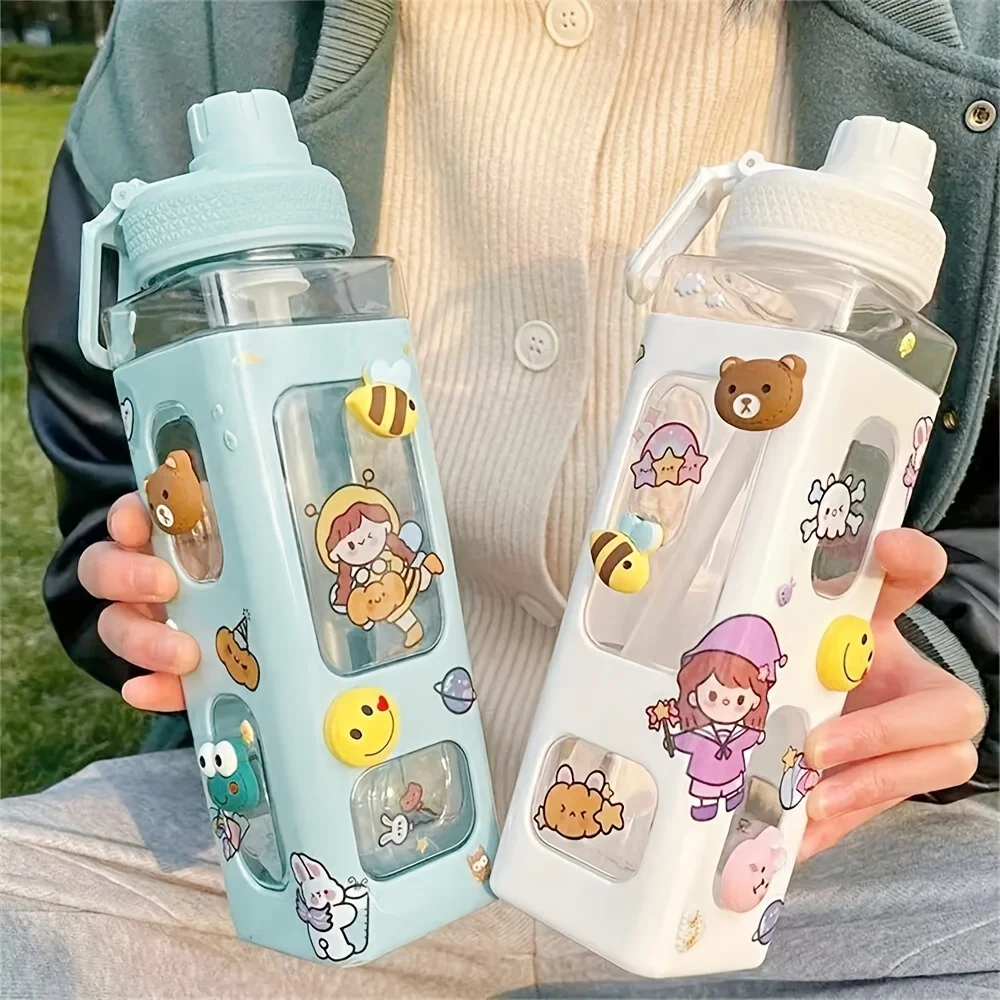 1pc Kawaii Water Bottle with Straw and 3D Cute Stickers BPA-Free Plastic Square Water Cup Portable Drinkware for Camping Cyling