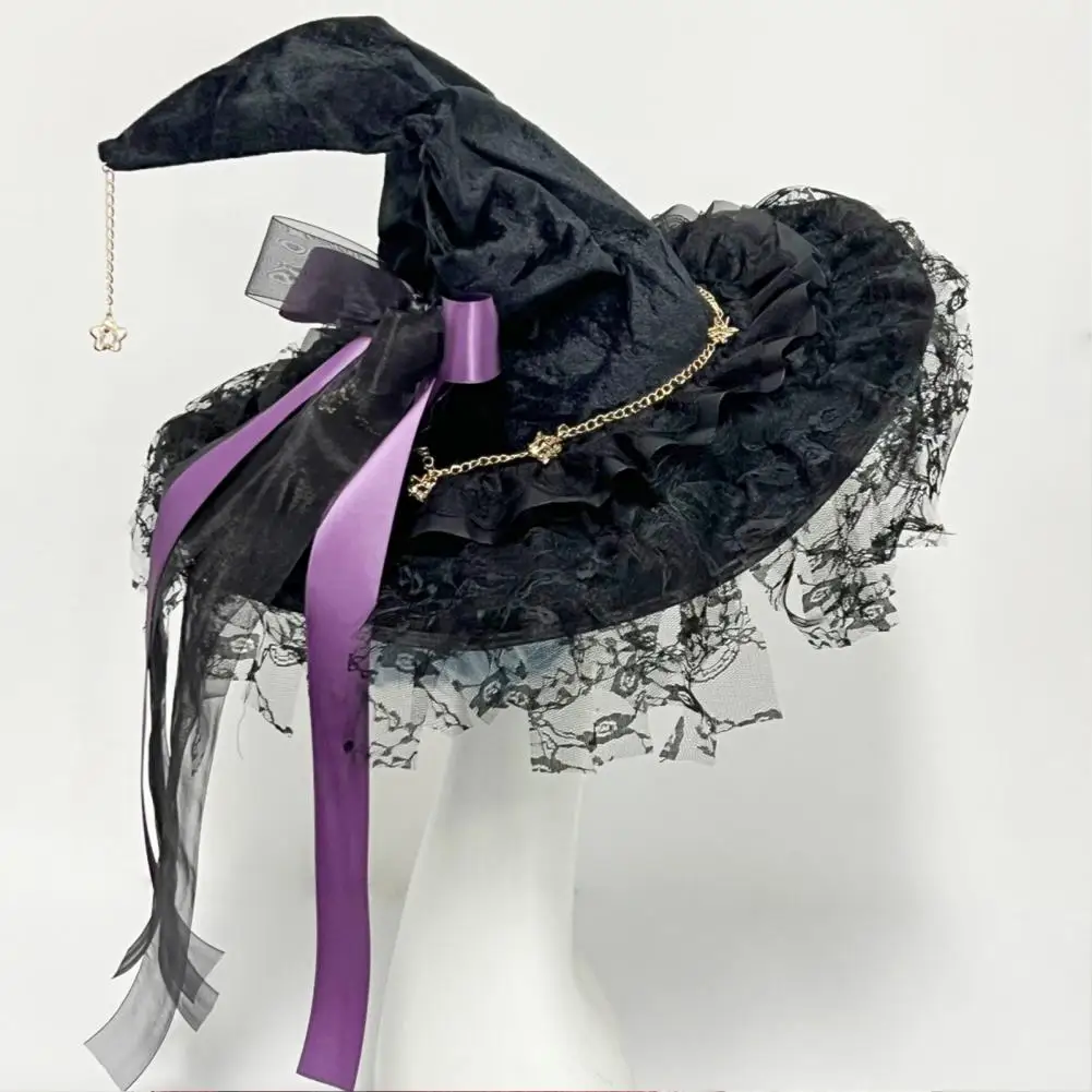 Festive Atmosphere Props Witch Hat for Women Halloween Costume Lace Mesh Hat with Ribbon Bow Black Veil for Cosplay for Party