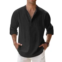 Nouvelles chemises en coton et lin pour hommes chemises décontractées légères à manches longues chemises de plage Henley t-shirts hawaïens pour hommes Streetwear 2
