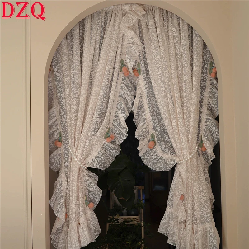 Idyllic American Rural Beige Flowers Tulle Curtains Lace Warp Ruffled Curtains for Kitchen  Roman Cherry Curtains  A636