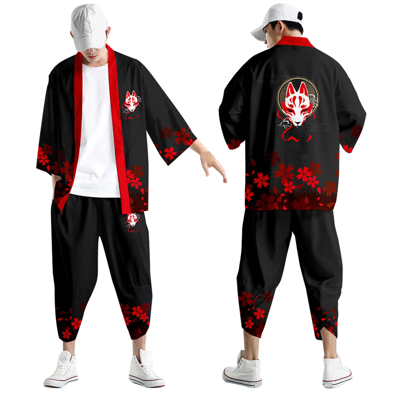 

Japanese Cardigan Kimono Suit Sakura Mask Printed Loose Kimono + Pants Two-Piece Sets Harajuku Cosplay Yukata Samurai Costume