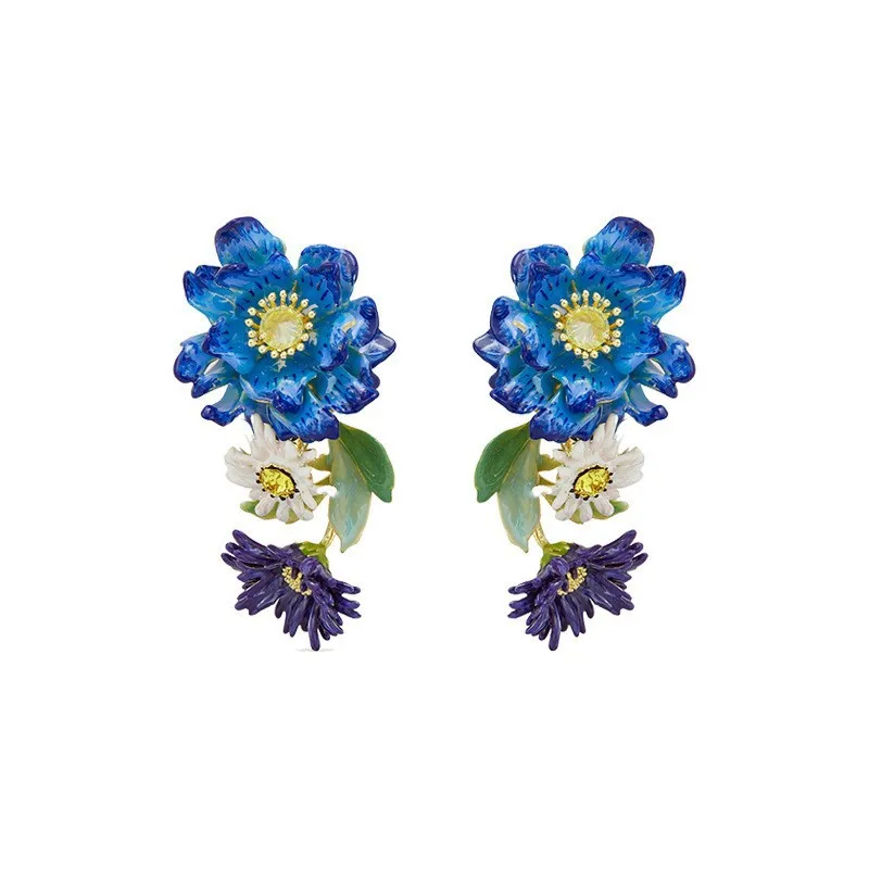 New Trend Pastoral Style Blooming Blue Borage, Cornflower, Daisy Bouquet, Earrings, Ear Clips, Niche Design Light Luxury Jewelry