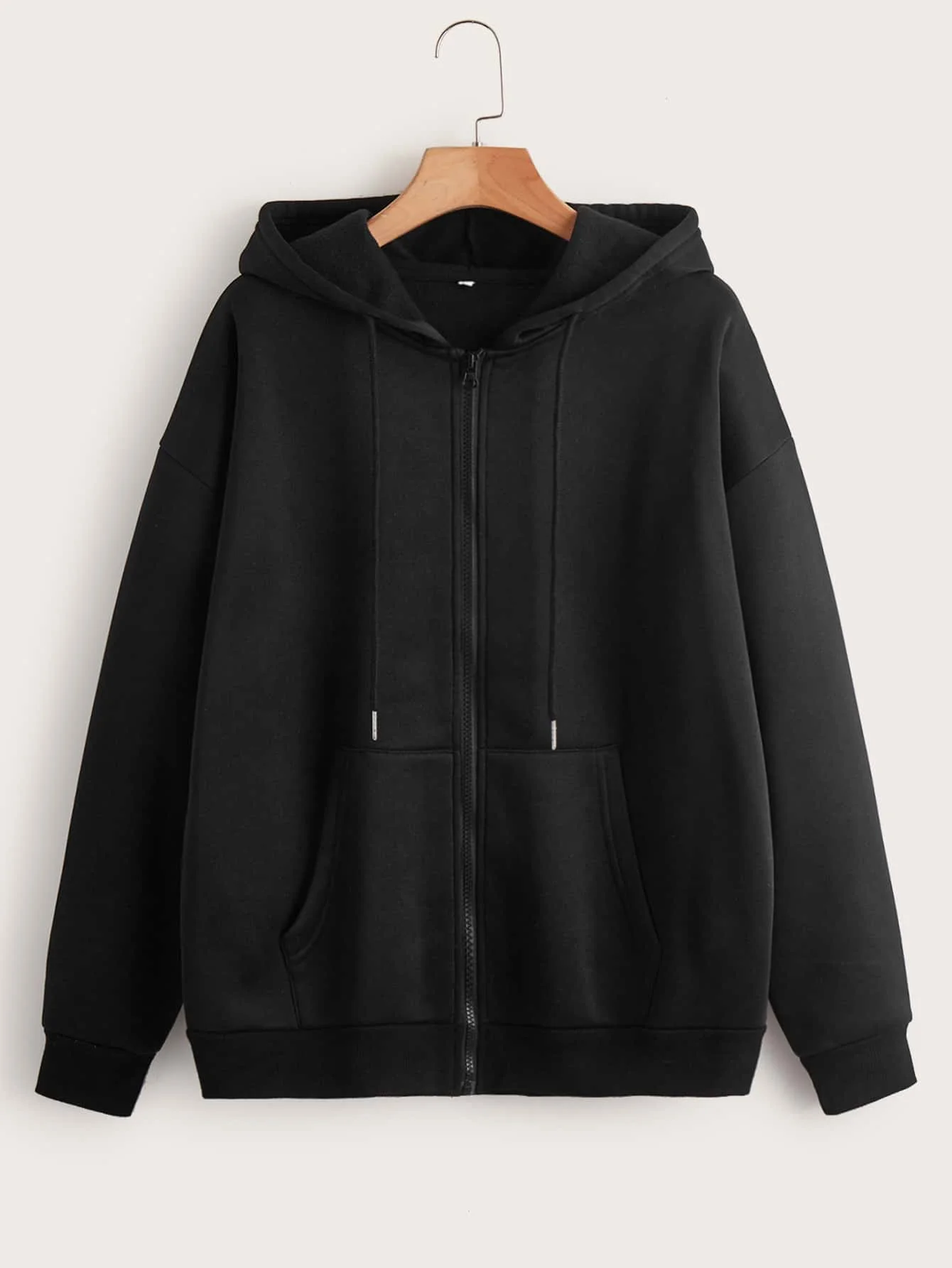 

Black Full-Zip Hooded Sweatshirt with Kangaroo Pockets, Loose Fit