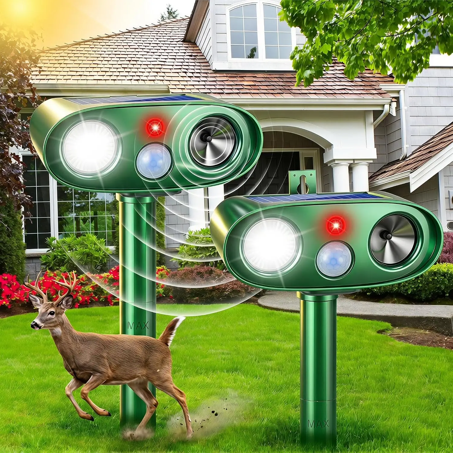 2 Pack Upgraded Solar Ultrasonic Deer Repeller with Motion Strobe Light, Waterproof Device Keep Rabbit, Cat, Squirrel, Raccoon Away from Yard Farm