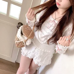 Cute Knitted Tops Tee Women Summer Hollow Out Ribbon o-collo maglietta a maniche lunghe per Sweet Girls Kawaii Clothes