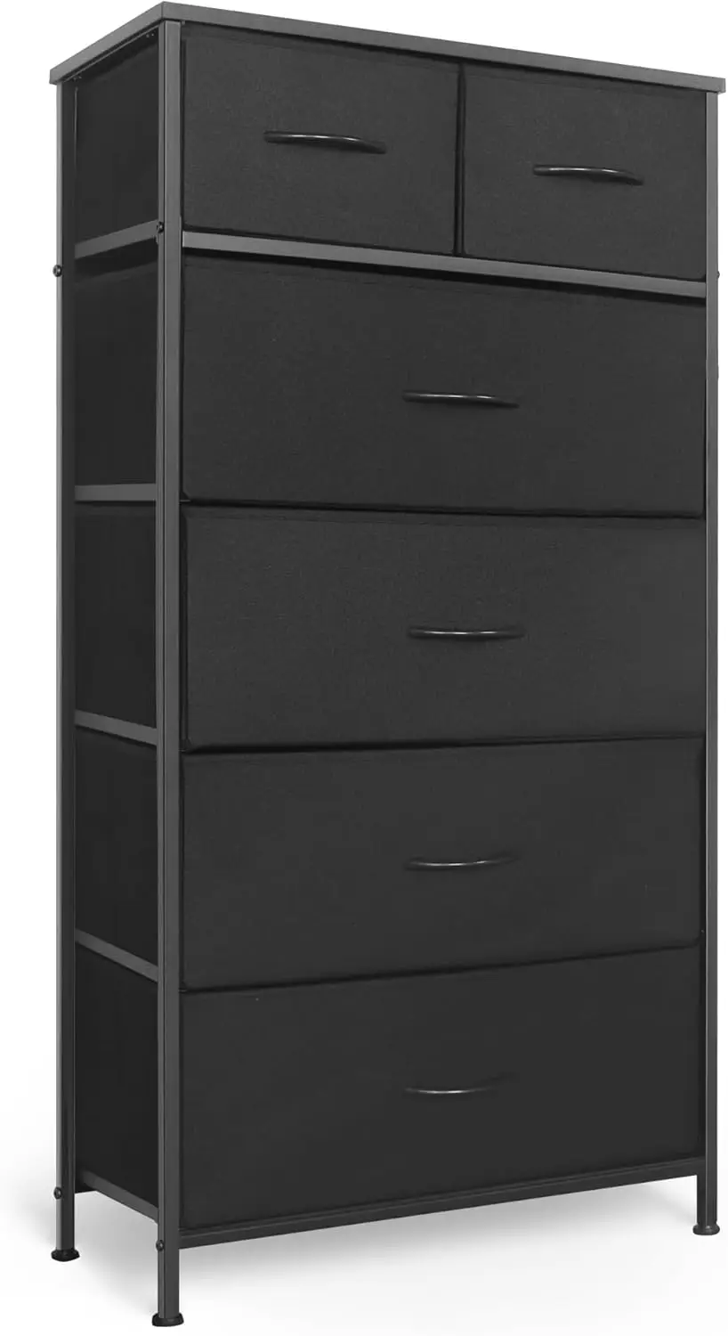 

Tall Dresser with 6 Drawers, Vertical Storage Organizer, Steel Frame, Wood Top for Bedroom or Entryway - Black