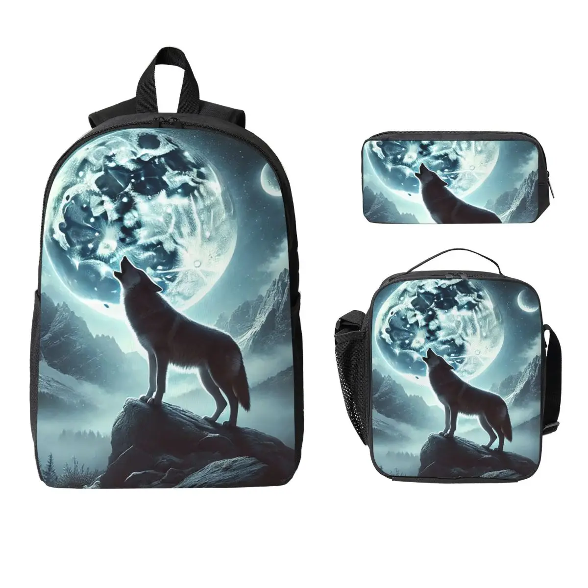 

Howling Wolf Under The Moonlight Print Backpack BookBag School Bag Laptop Shoulder Bags 3ps Insulated Lunch Bag Pencil Case