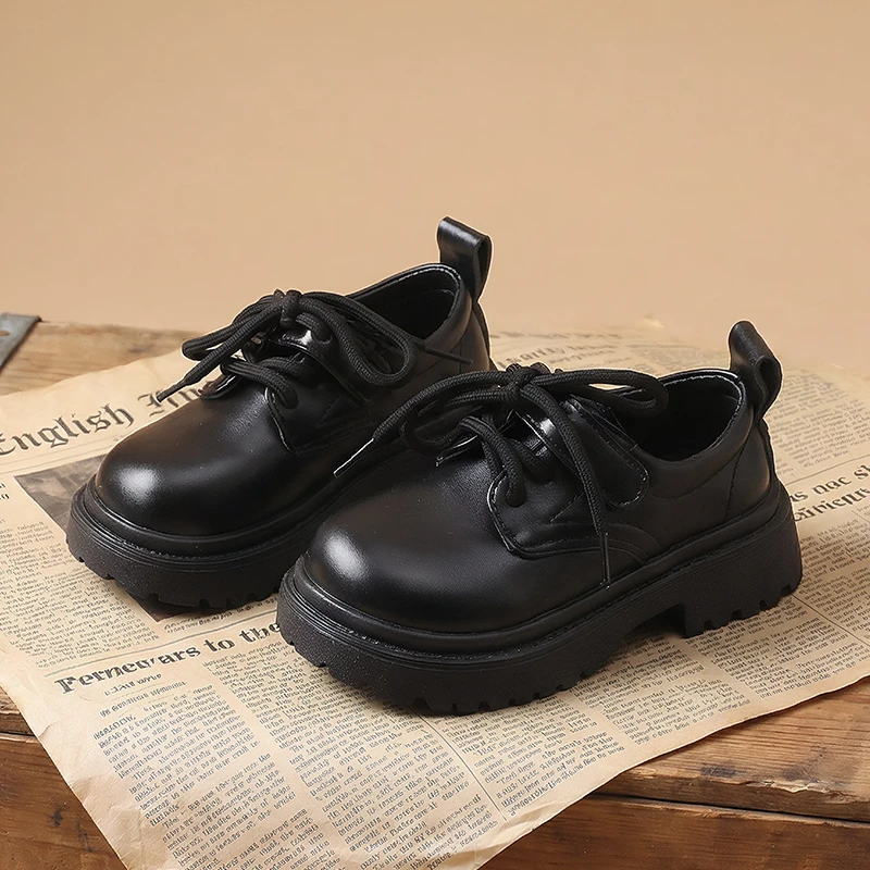 

Boys Girls Black Leather Oxfords Lace-Up Chunky Platform School Uniform Shoes Comfortable Non-Slip Kids Dress Shoes for Daily
