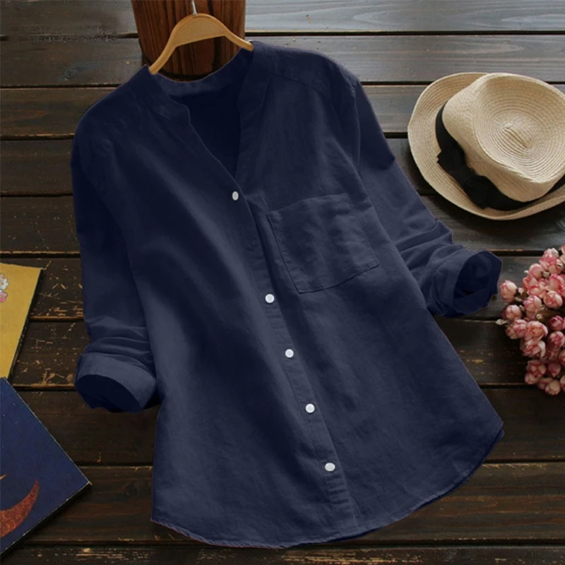 

Ladies Casual Standup Collar Long irt Women's Top Polyester Cotton Blend Summer Faion Button Detail Regular Sve
