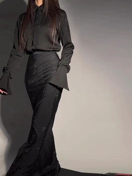 여성용 투피스 세트 패션과 우아한 핫 다이아몬드 긴팔 셔츠 탑과 라인 석 스플릿 엉덩이 맥시 롱 스커트 세트