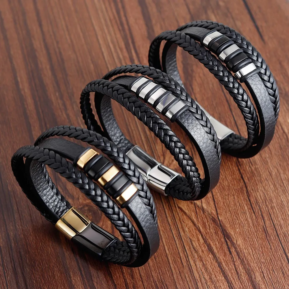 Retro Real Stainless Steel Jewelry 2024 Genuine Leather Bracelets Woven Accessories Wholesale