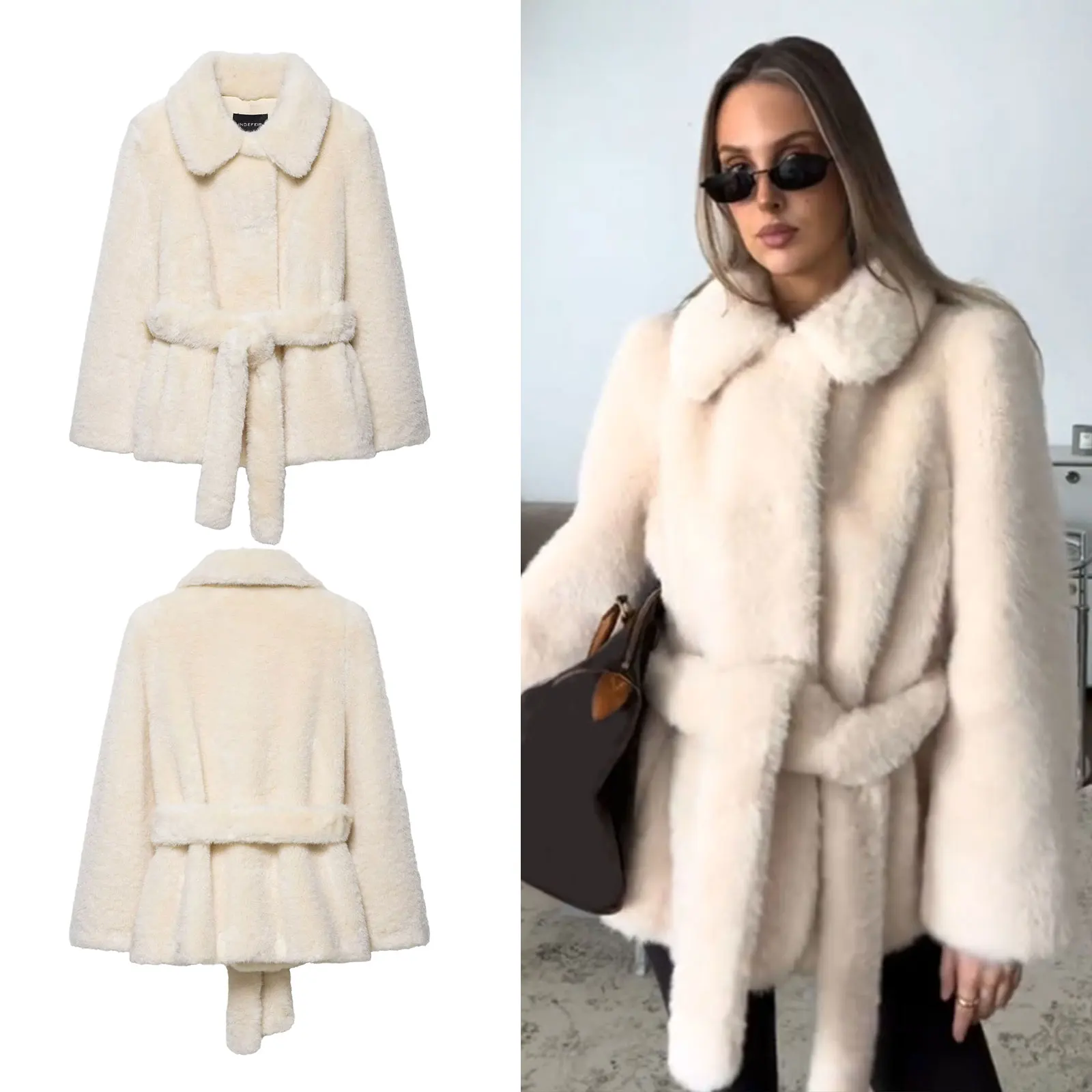 

HH 2025 Female Winter High Street Warm Coats Artificial Fur Vintage Coat Lapel Solid Belted Long Sleeves Autumn Elegant Jackets