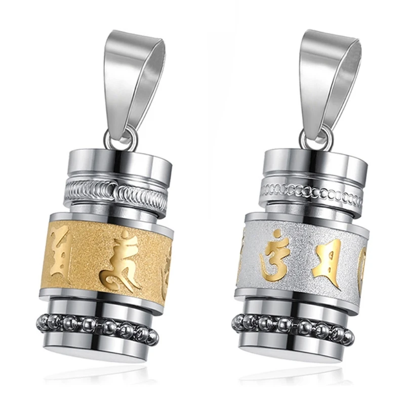 Stainless Steel Buddhism Six Words Rotatable Necklace Women Men Prayer Wheel Bottle Urn Pendant Necklace