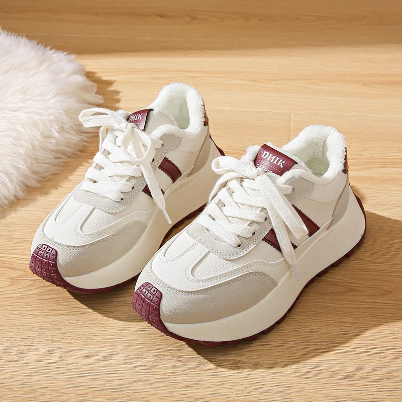 

Women's Sport Shoes Thick Bottom High Heel Fleece Lined Leather Panel Patchwork Shoes Casual Style Breathable EVA Insole