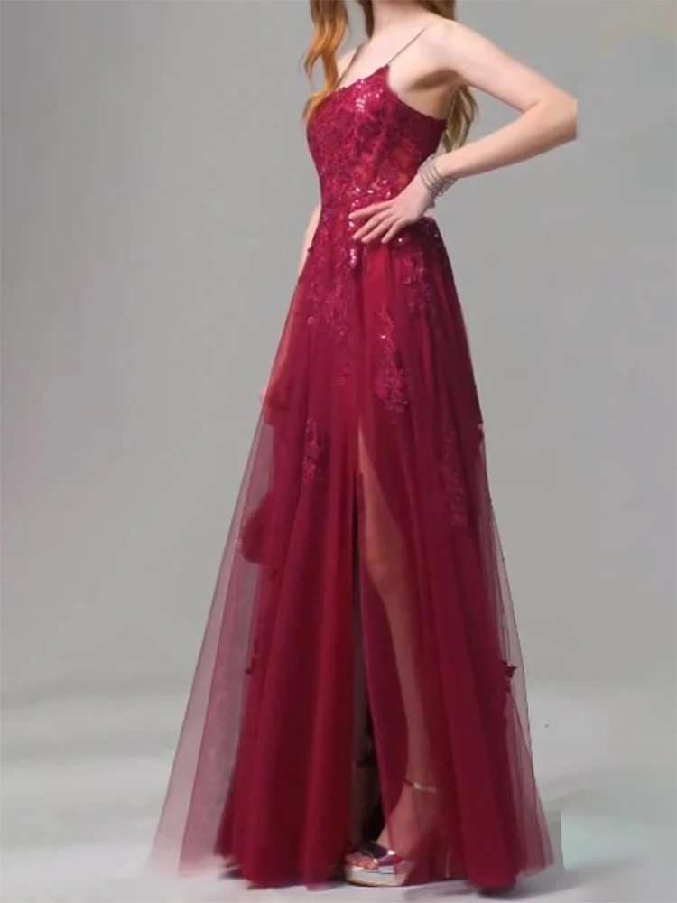 A 라인 스퀘어 넥 얇은 명주 그물 레이스 바닥 길이 스팽글 무도회 가운, 공식 이브닝 드레스, 맞춤형