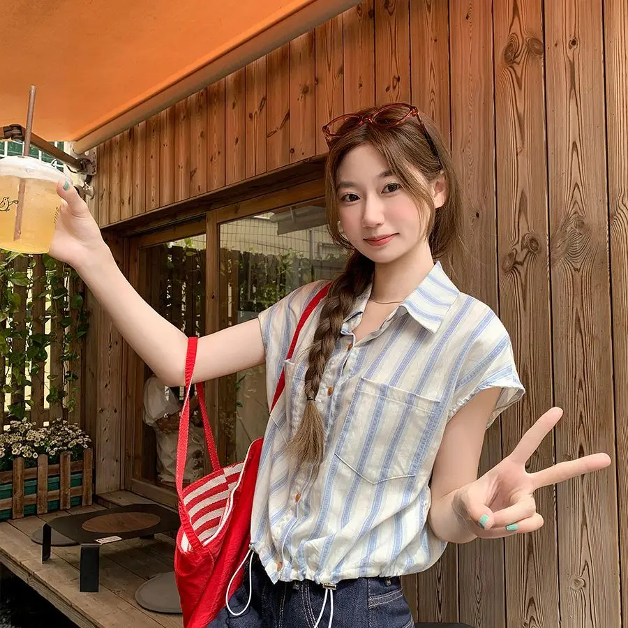 Kimotimo Women Color Block Striped Short Sleeve Shirt 2026 Summer New Loose Versatile Elegant Open Front Short Blouse
