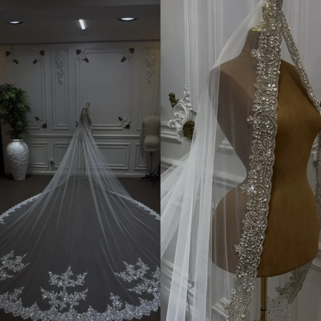 Brilliant Rhinestone Beading Wedding Veil 3Meters Appliques Pearl White Ivory Bridal Veil Customized Bride Headpiece Accessories