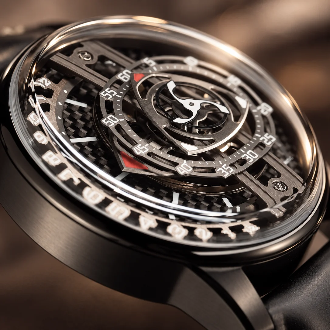 OBLVLO Men's Black PVD Forged Carbon Dial Automatic Watch Luminous Black Leather Strap Waterproof Fashion Timepiece JM-ROTOR