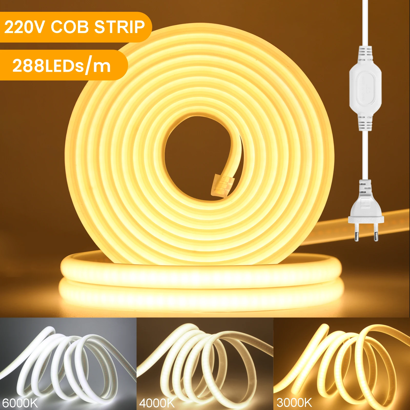 1M-40M 220V COB LED Neon Strip Light 288LEDs/m RA90 Wodoodporna taśma LED Elastyczna lampa zewnętrzna do pokoju Kuchnia z wtyczką EU UK