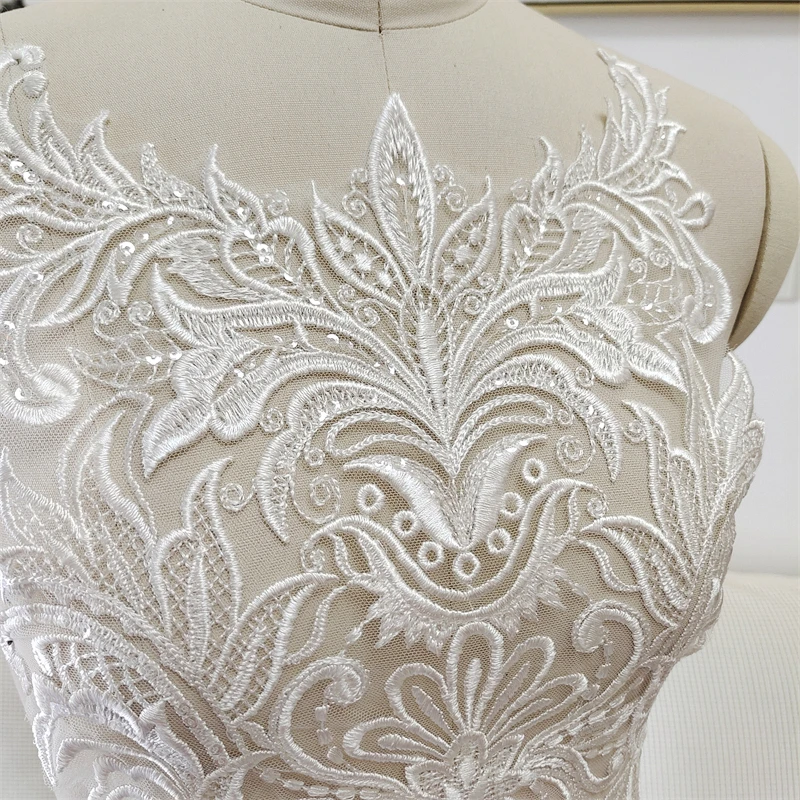 New Mesh Embroidery Sequin Fabric Applique Bridal Wedding Dress Lace Patch Front Chest Back Patch DIY Accessories