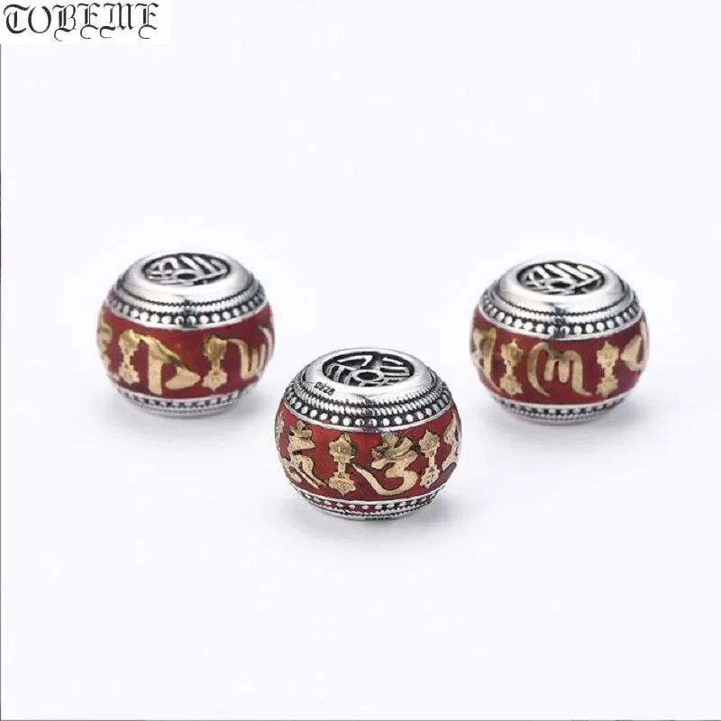 

100% 925 Silver Tibetan Six Words Beads Silver Golden Plated Cinnabar Buddhist OM Mantra Loose Beads Jewelry Findings